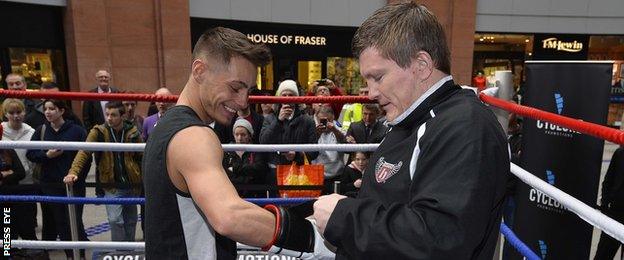 Ryan Burnett with Ricky Hatton at a public workout in Belfast in April 2014