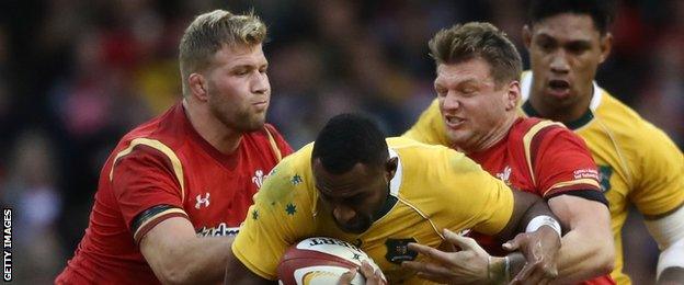 Ross Moriarty (left) and Dan Biggar (right) in action for Wales against Australia