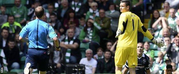 Craig Gordon remonstrates with referee Willie Collum