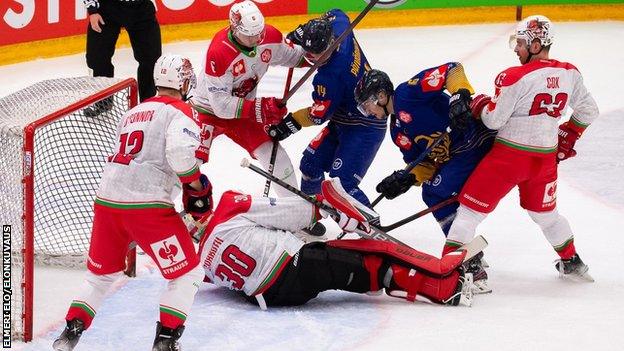 A scramble in front of the Cardiff Devils goal during their defeat to Lukko Rauma