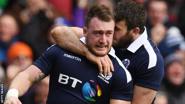 Stuart Hogg celebrates scoring for Scotland