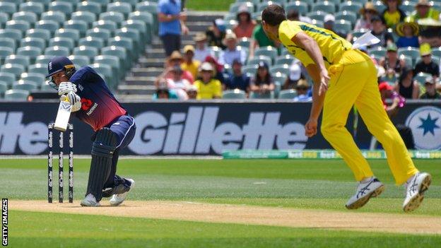 England's Jason Roy edges and is dismissed by Australia's Josh Hazlewood