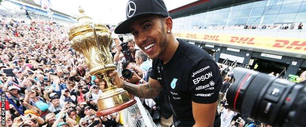 Lewis Hamilton celebrates winning this year's British Grand Prix