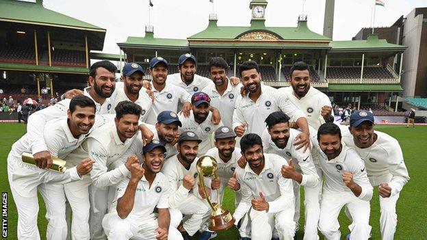 India celebrate their series win against Australia