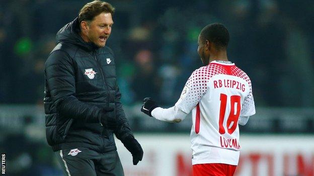 RB Leipzig coach Ralph Hasenhuettl celebrated with Ademola Lookman after the win