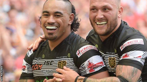 Mahe Fonua of Hull FC celebrates with Josh Griffin