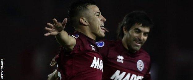 Alexandro Bernabei celebrates scoring for Lanus