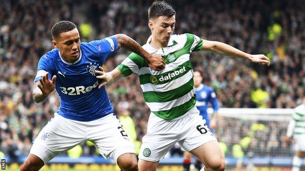 Rangers attacking full-back James Tavernier tussles for possession with Celtic's Kieran Tierney