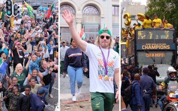 South Africa's victory parade - South African's going wild, Faf greeting fans in his shades and the Spring Boks celebrating on an open top bus