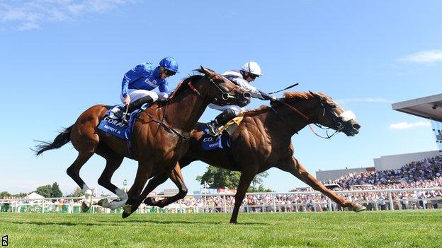 Jim Crowley on board Ulysses (far side) wins ahead of Barney Roy