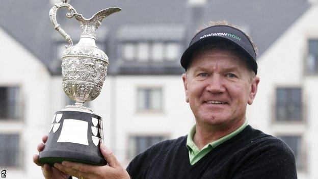 Paul Broadhurst holds aloft the Senior Open trophy