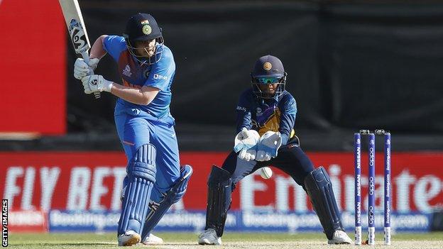 India opener Shafali Verma plays a shot against Sri Lanka