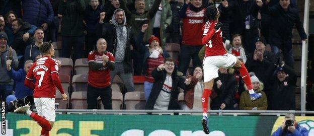 Djed Spence celebrates his first Boro goal