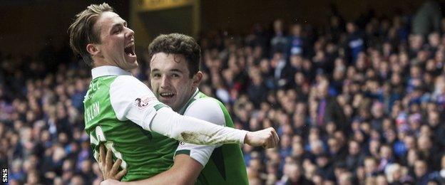 Scott Allan and John McGinn celebrate a Hibernian goal against Rangers