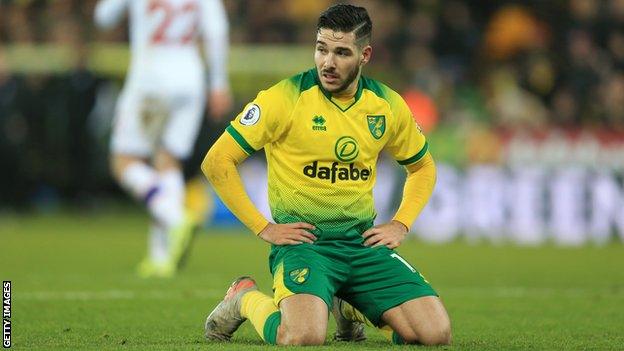 Norwich City midfielder Emiliano Buendia on his knees during the Premier League match against Crystal Palace