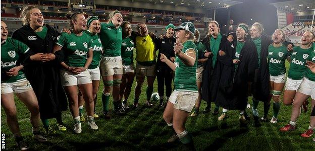 Debutant Vicky Irwin leads Ireland's celebrations after beating Scotland