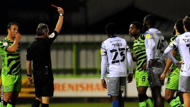 Ebou Adams' red card came just before half time in Forest Green's 3-0 home win over Colchester