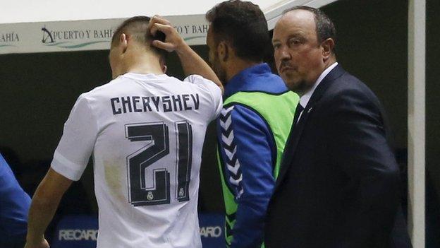 Real Madrid coach Rafa Benitez and striker Denis Cheryshev