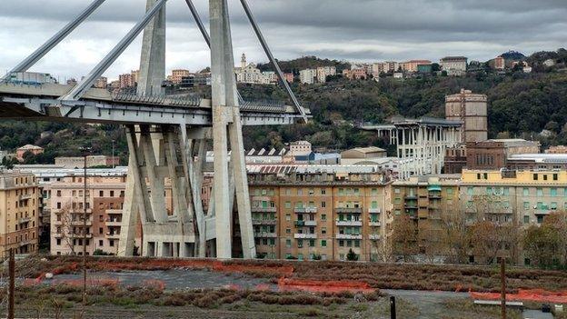 Image shows the collapsed Morandi Bridge, with Andrea Fortunato's block of flats on the right