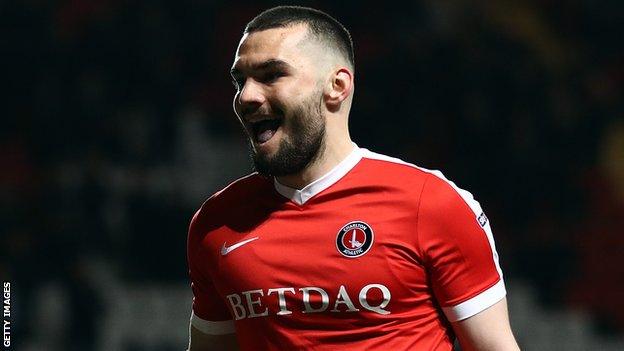 Tony Watt celebrates a Charlton Athletic goal against Scunthorpe