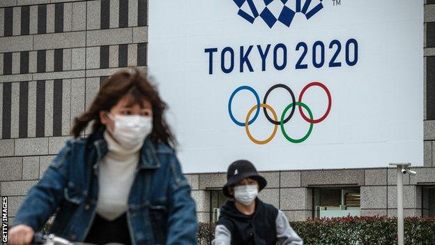 Cyclists wearing face masks with the Tokyo Olympic logo in the background