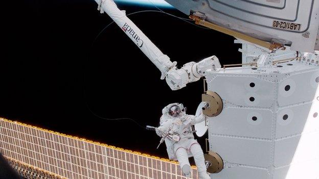 Canadian astronaut Chris Hadfield during a spacewalk