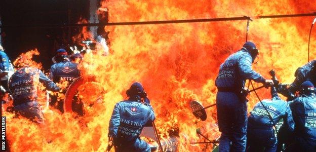 Jos Verstappen's Benetton catches fire at the 1994 German GP