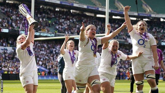 Marlie Packer and team-mates parade around Twickenham with the Six Nations trophy