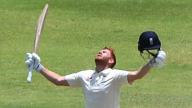 Jonny Bairstow looks to the sky after bringing up his maiden Ashes century