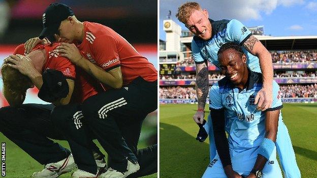 A split image of Ben Stokes and Joe Root at the World Twenty20, and also Stokes with Jofra Archer during England's World Cup triumph