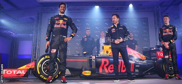 Red Bull's Daniel Ricciardo, Christian Horner and Daniil Kvyat