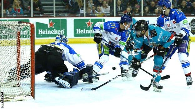 Belfast Giants threaten the Blaze goal during Saturday night's game at the SSE Arena