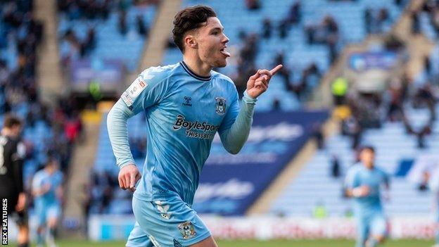 Callum O'Hare celebrates a goal for Coventry against Sheffield United