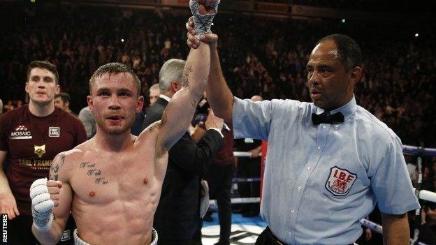 Carl Frampton is announced as the winner after Saturday's bout against Scott Quigg