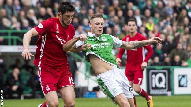 Scott McKenna up against Hibs forward Anthony Stokes