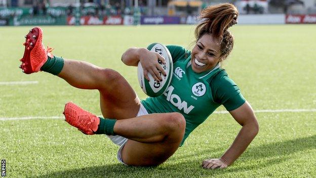 Ireland's Sene Naoupu scores a try against Scotland