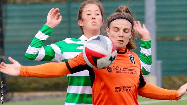 Glasgow City's Savannah Jordan holds off Celtic's Darcy McFarlane