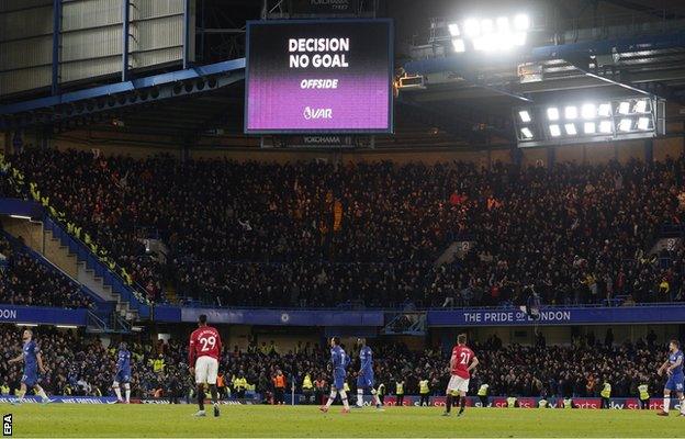 VAR decision screen after Olivier Grioud's header that would have pulled a goal back for Chelsea was disallowed for offside