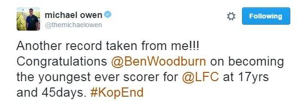 Michael Owen was quick to congratulate Liverpool's new record holder on Twitter