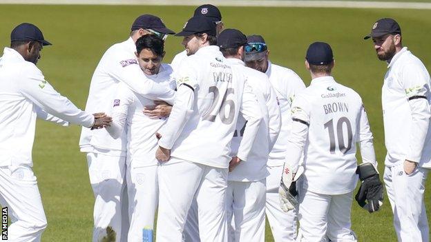 Hampshire celebrate a wicket for Mohammad Abbas against Somerset