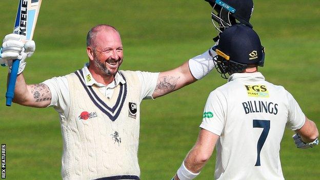 Darren Stevens celebrates his double century for Kent with Sam Billings