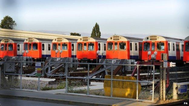 District Line tube trains parked at the Upminster depot,