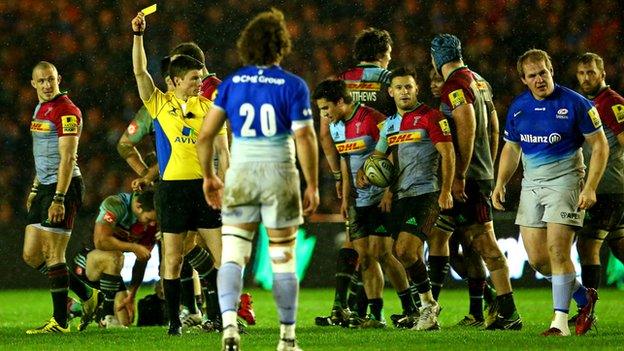 Rhys Gill (blue shirt, far right) is sent off against Harlequins