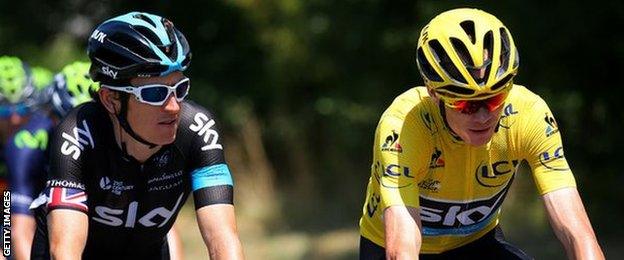 Geraint Thomas and Chris Froome ride alongside each other during the 2015 Tour de France