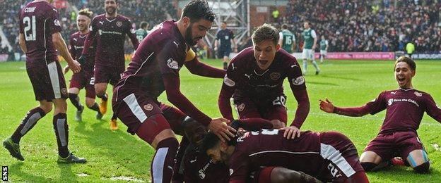 Hearts' Arnauld Djoum is surrounded by teammates after scoring his side's opener