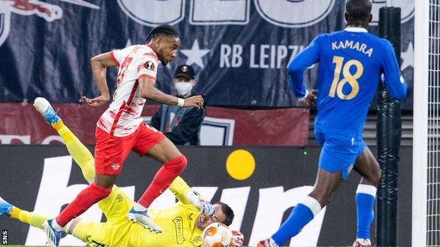 Christopher Nkunku missed a glorious chance on a rare occasion he wriggled free of his Rangers markers