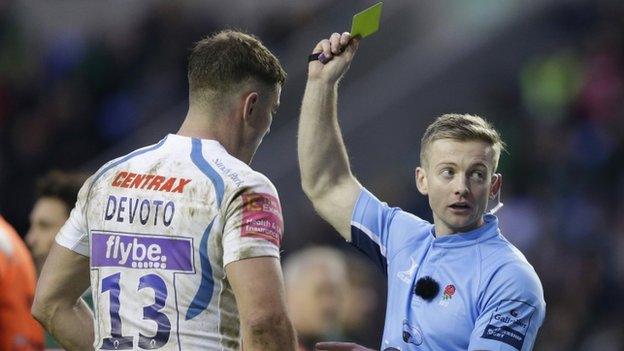 Ollie Devoto was one of two yellow card victims for referee Christophe Ridley inside three second-half minutes, following the sinbinning of Olly Woodburn for the same deliberate offence of a deliberate knock-on