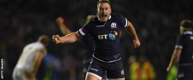 Scotland full-back Stuart Hogg, who is an injury doubt for the 2019 meeting, celebrates Scotland's 2018 Calcutta Cup win