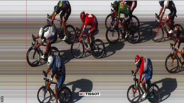 Cavendish beat Kittel (far right) and McLay (far left) but by less than a metre