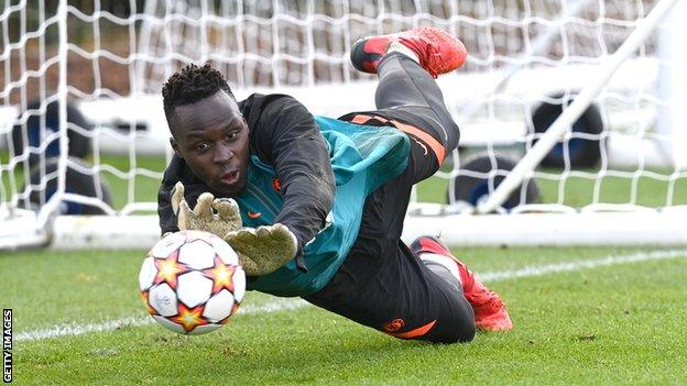 Senegal goalkeeper Edouard Mendy in action during training at Chelsea